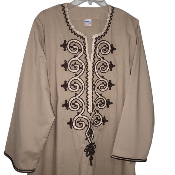 Khatab Egyptian Cotton Kaftan Dress XXL Tan with Brown Trim And Embroidery Boho - Picture 8 of 10